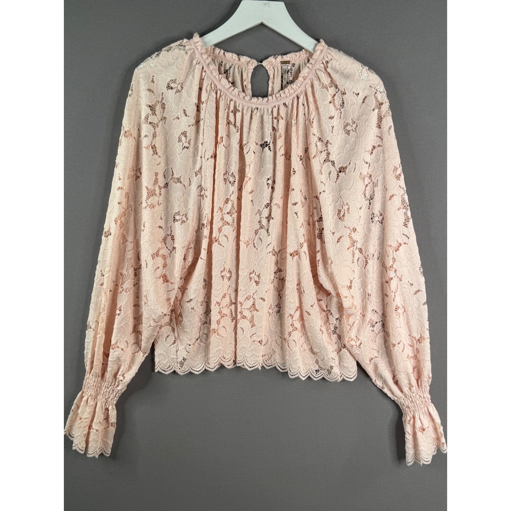 Free People Olivia Balloon Sleeve Blouse Womens M Pink Lace Romantic Feminine